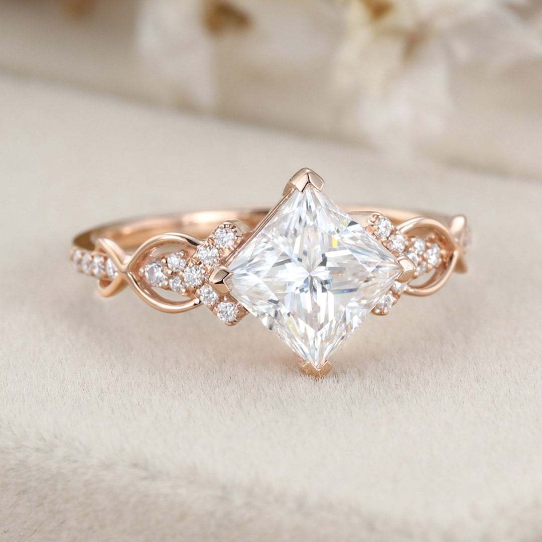 1.5 Carat Princess Cut Moissanite Engagement Ring In 14K Rose Gold