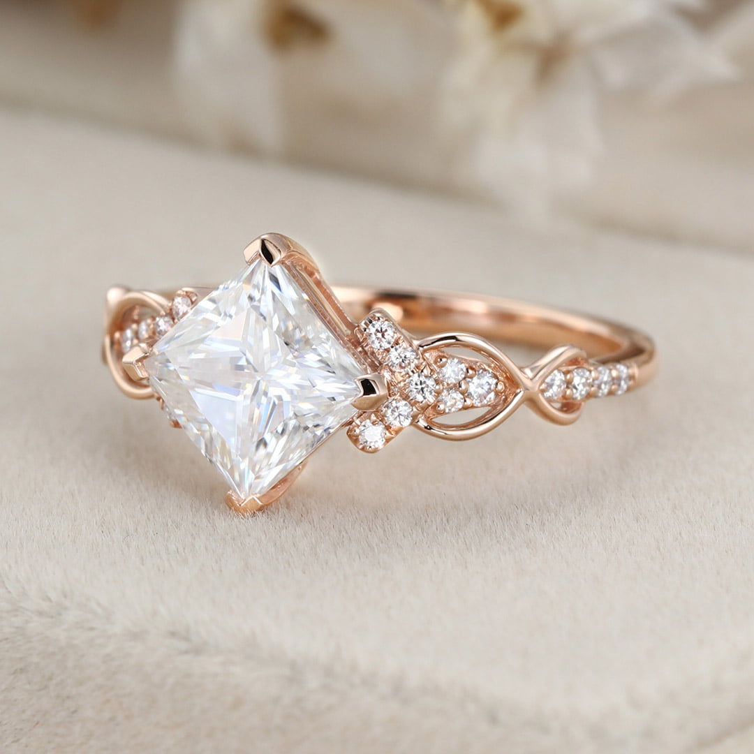 1.5 Carat Princess Cut Moissanite Engagement Ring In 14K Rose Gold