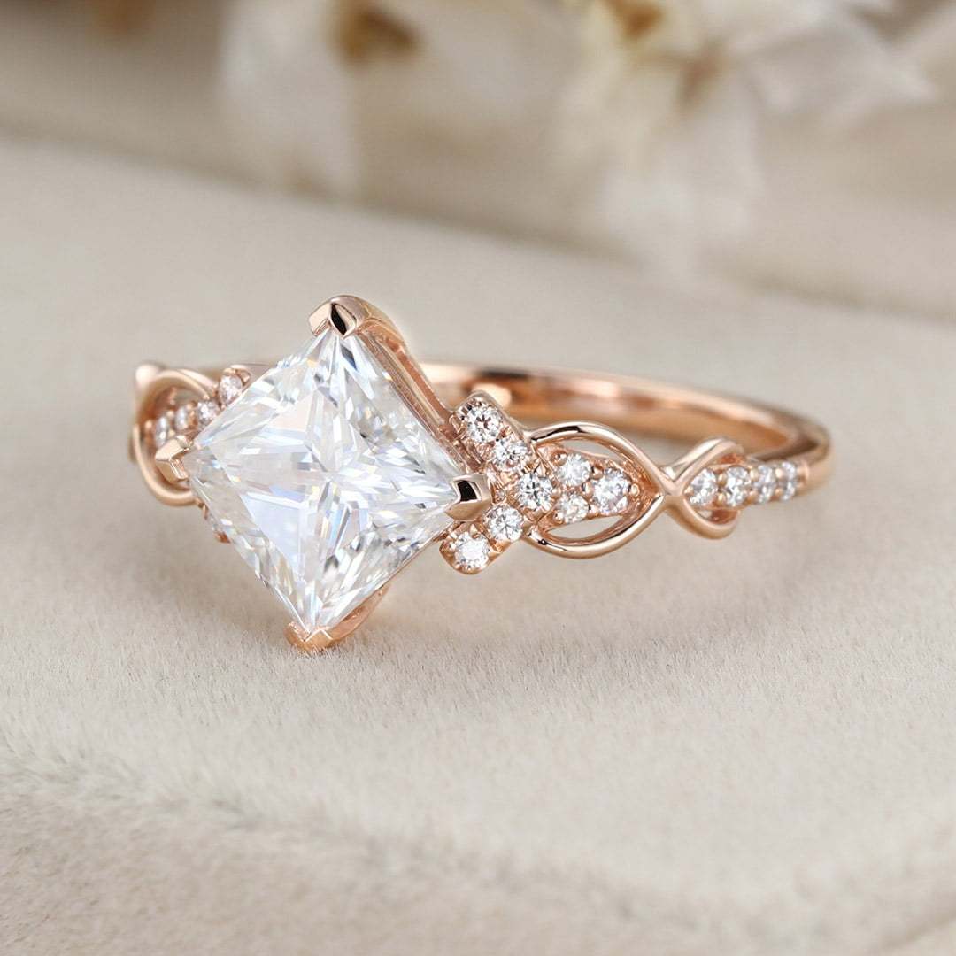 1.5 Carat Princess Cut Moissanite Engagement Ring In 14K Rose Gold