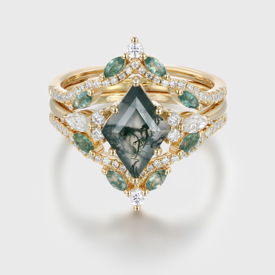 Rhombus Shaped Moss Agate Engagement Ring Set Vintage 14K Solid Gold Marquise Moss Agate engagement set Enhancer wedding ring set Anniversary gift
