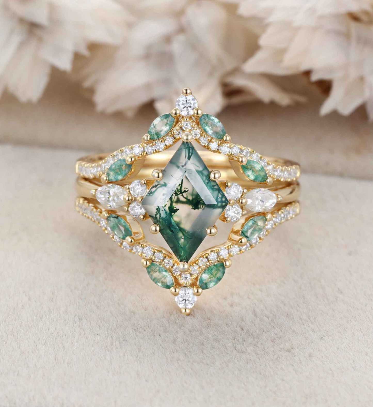 Rhombus Shaped Moss Agate Engagement Ring Set Vintage 14K Solid Gold Marquise Moss Agate engagement set Enhancer wedding ring set Anniversary gift