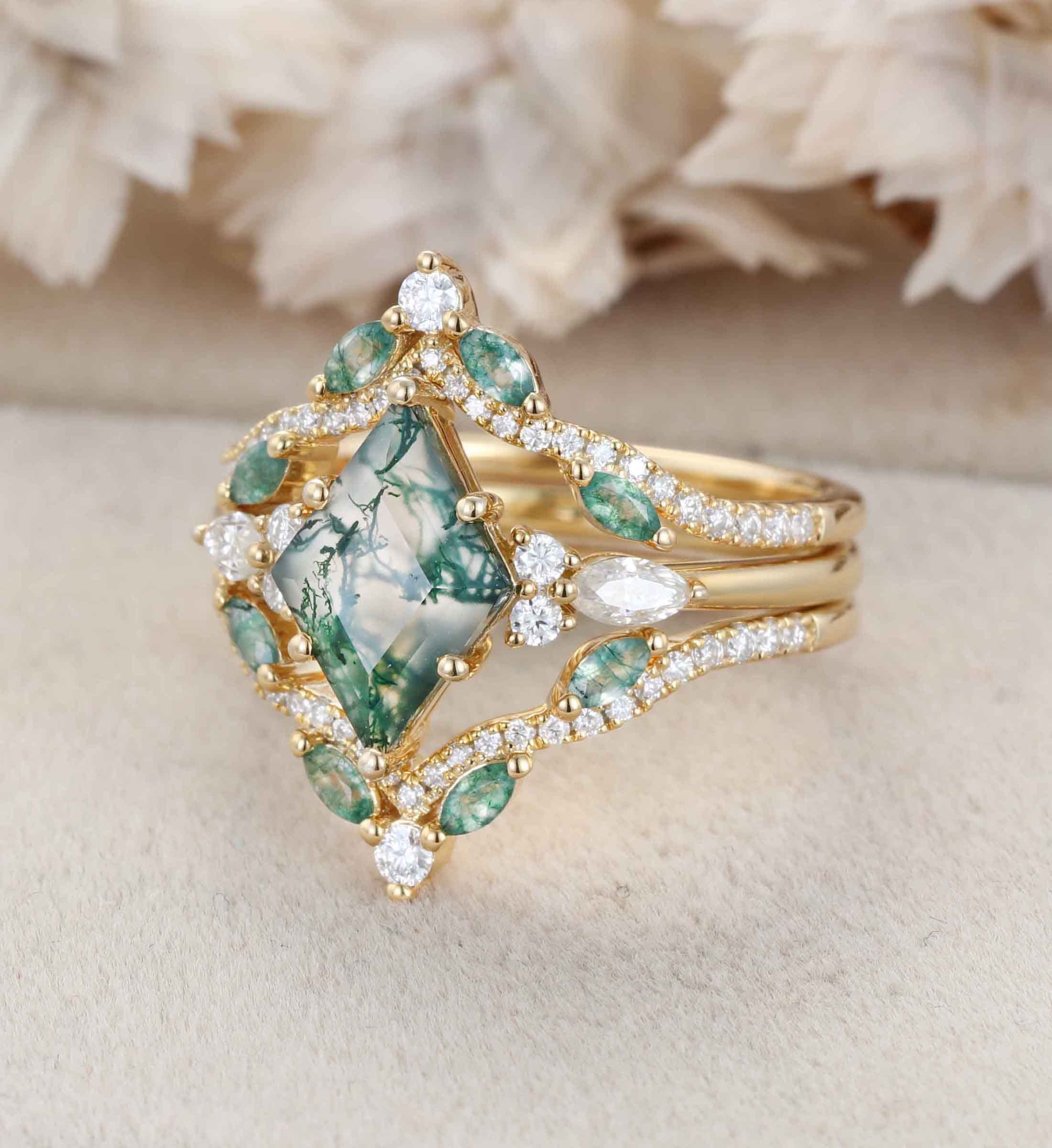 Rhombus Shaped Moss Agate Engagement Ring Set Vintage 14K Solid Gold Marquise Moss Agate engagement set Enhancer wedding ring set Anniversary gift