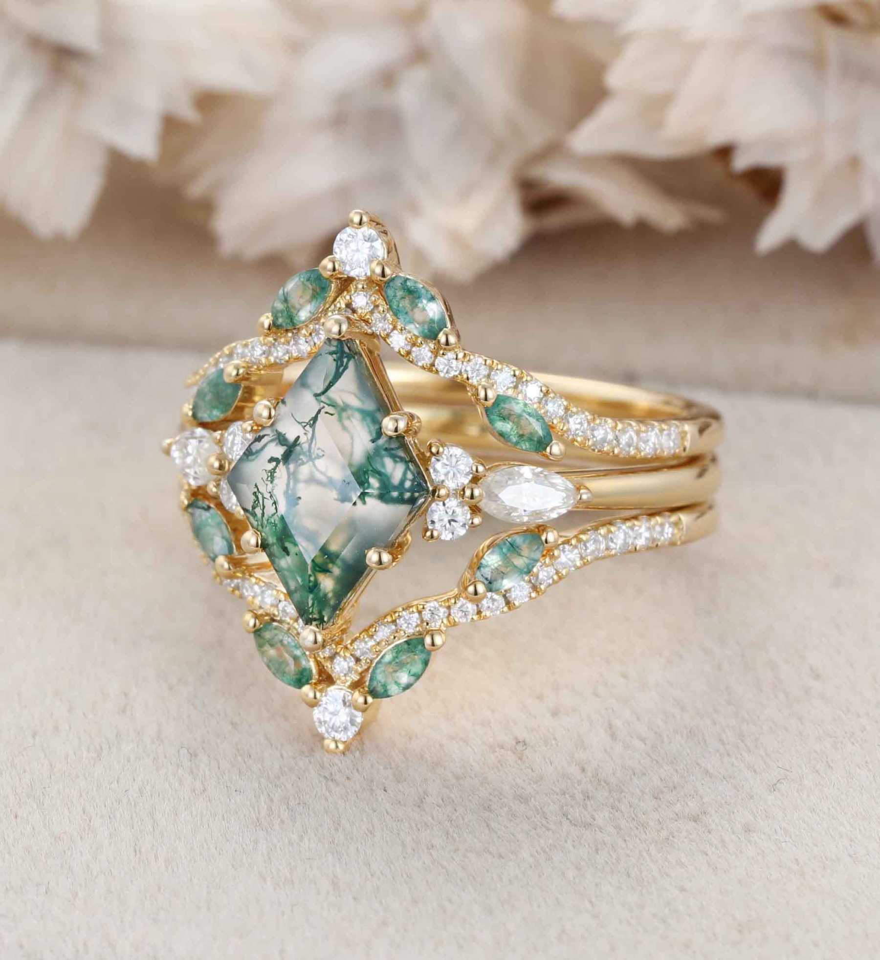 Rhombus Shaped Moss Agate Engagement Ring Set Vintage 14K Solid Gold Marquise Moss Agate engagement set Enhancer wedding ring set Anniversary gift