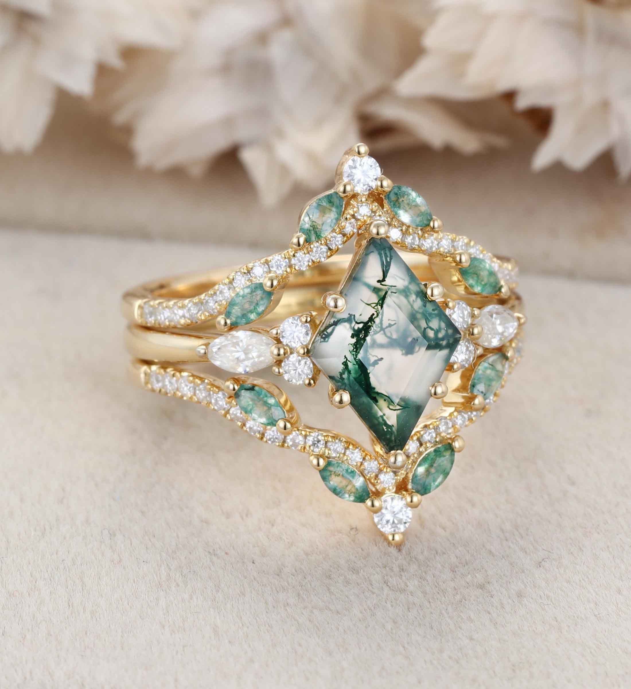 Rhombus Shaped Moss Agate Engagement Ring Set Vintage 14K Solid Gold Marquise Moss Agate engagement set Enhancer wedding ring set Anniversary gift