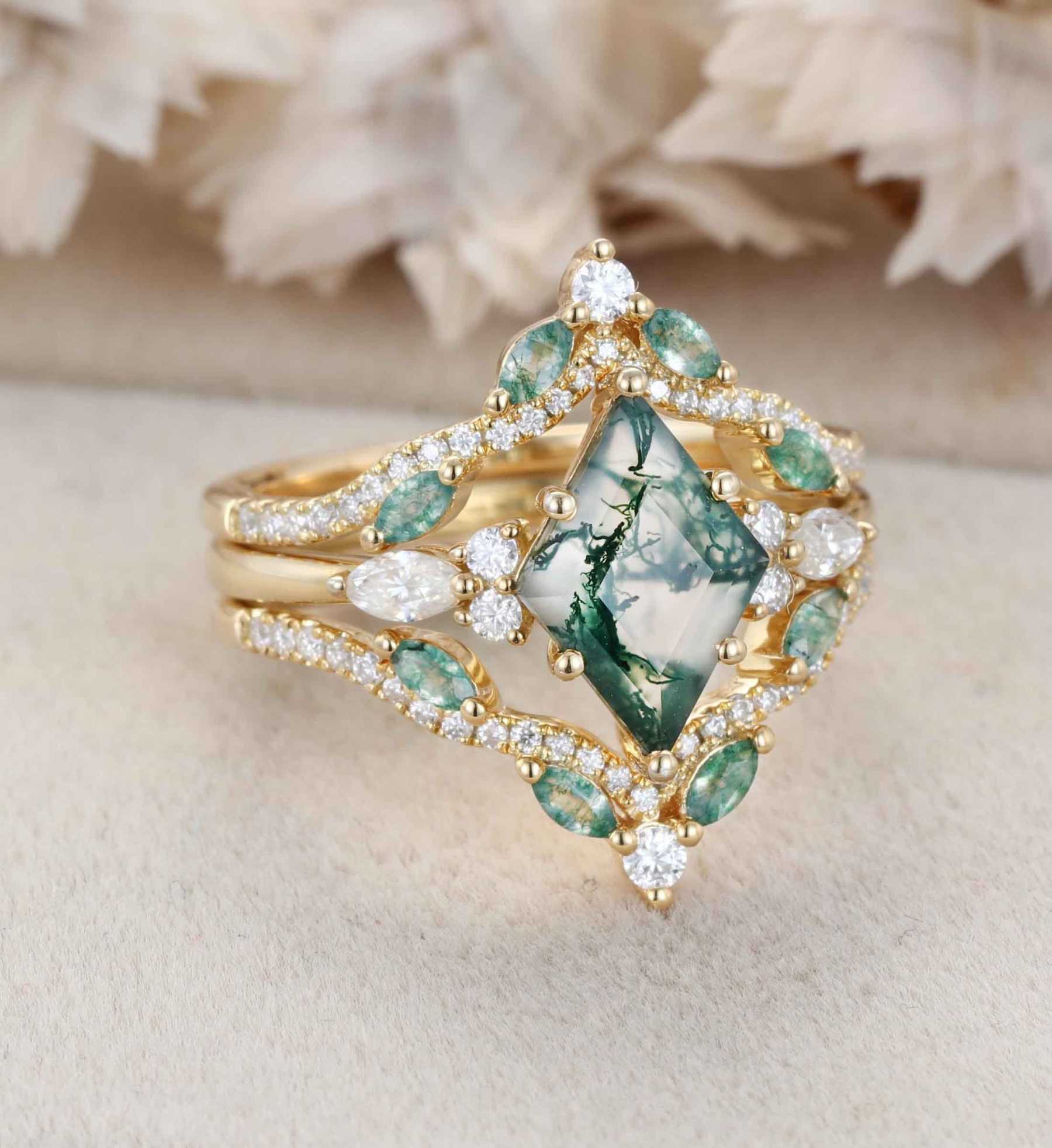 Rhombus Shaped Moss Agate Engagement Ring Set Vintage 14K Solid Gold Marquise Moss Agate engagement set Enhancer wedding ring set Anniversary gift