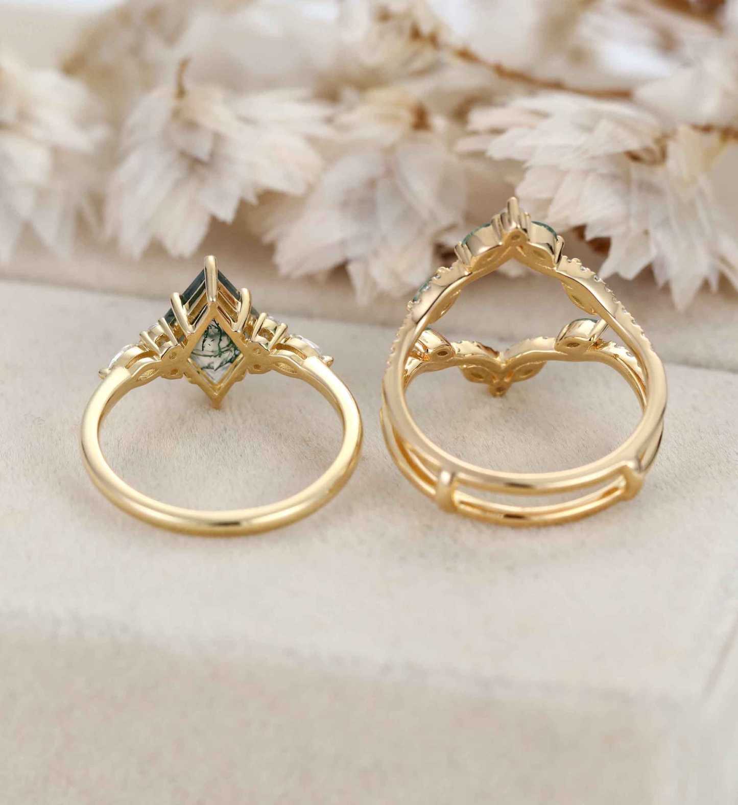 Rhombus Shaped Moss Agate Engagement Ring Set Vintage 14K Solid Gold Marquise Moss Agate engagement set Enhancer wedding ring set Anniversary gift