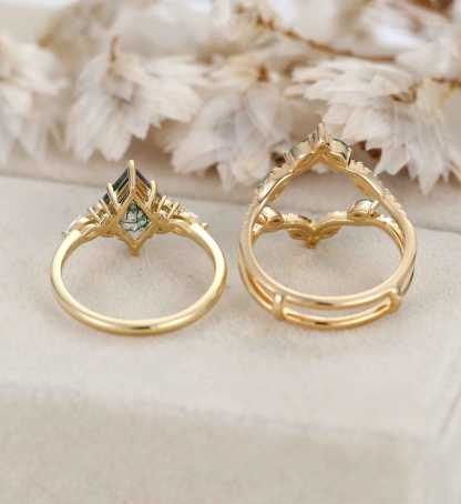 Rhombus Shaped Moss Agate Engagement Ring Set Vintage 14K Solid Gold Marquise Moss Agate engagement set Enhancer wedding ring set Anniversary gift