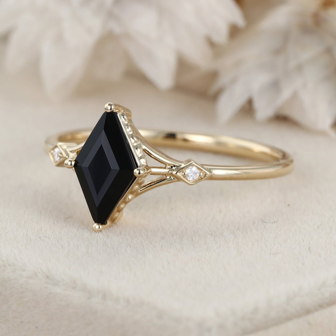 Rhombus cut Black onyx engagement ring 14K Yellow gold Moissanite engagement ring Diamond ring Vintage Bridal promise Anniversary gift