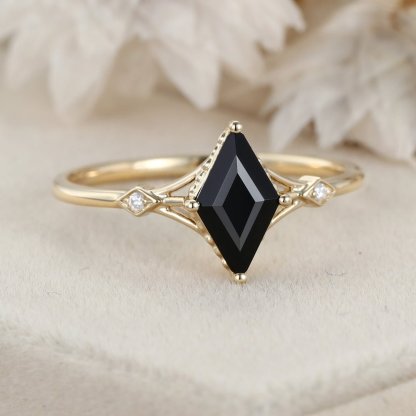 Rhombus cut Black onyx engagement ring 14K Yellow gold Moissanite engagement ring Diamond ring Vintage Bridal promise Anniversary gift