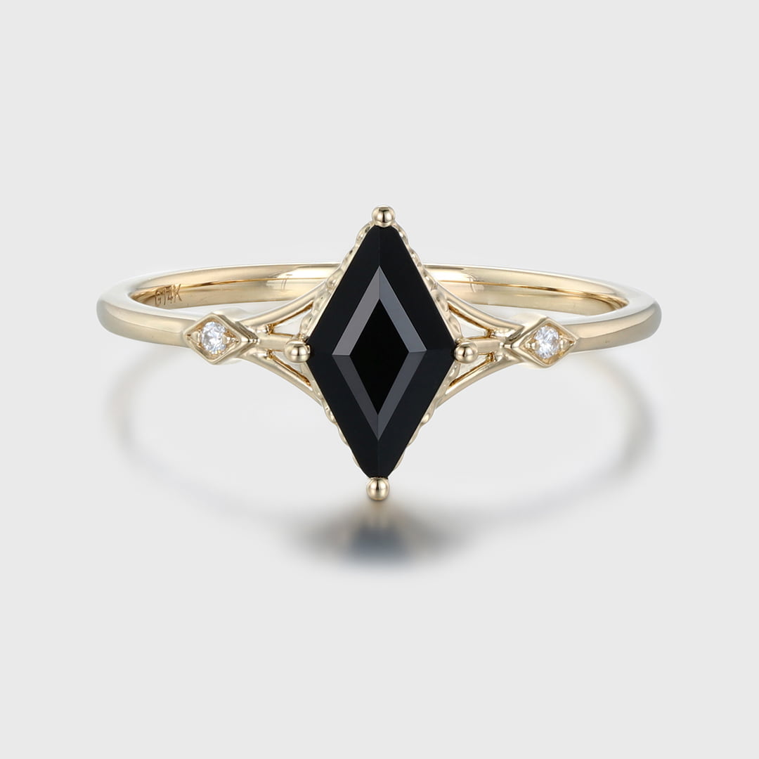 Rhombus cut Black onyx engagement ring 14K Yellow gold Moissanite engagement ring Diamond ring Vintage Bridal promise Anniversary gift