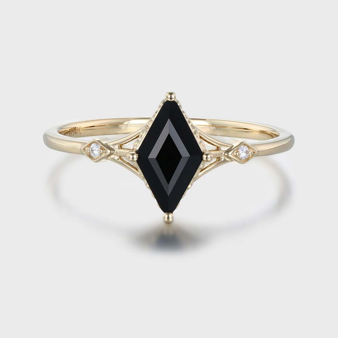 Rhombus cut Black onyx engagement ring 14K Yellow gold Moissanite engagement ring Diamond ring Vintage Bridal promise Anniversary gift