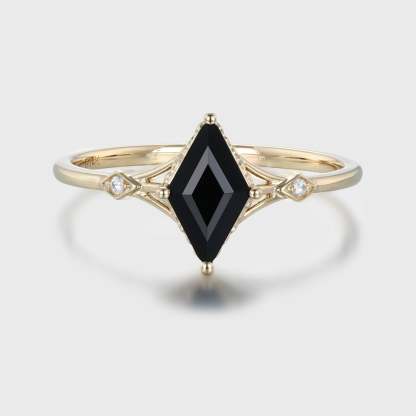 Rhombus cut Black onyx engagement ring 14K Yellow gold Moissanite engagement ring Diamond ring Vintage Bridal promise Anniversary gift
