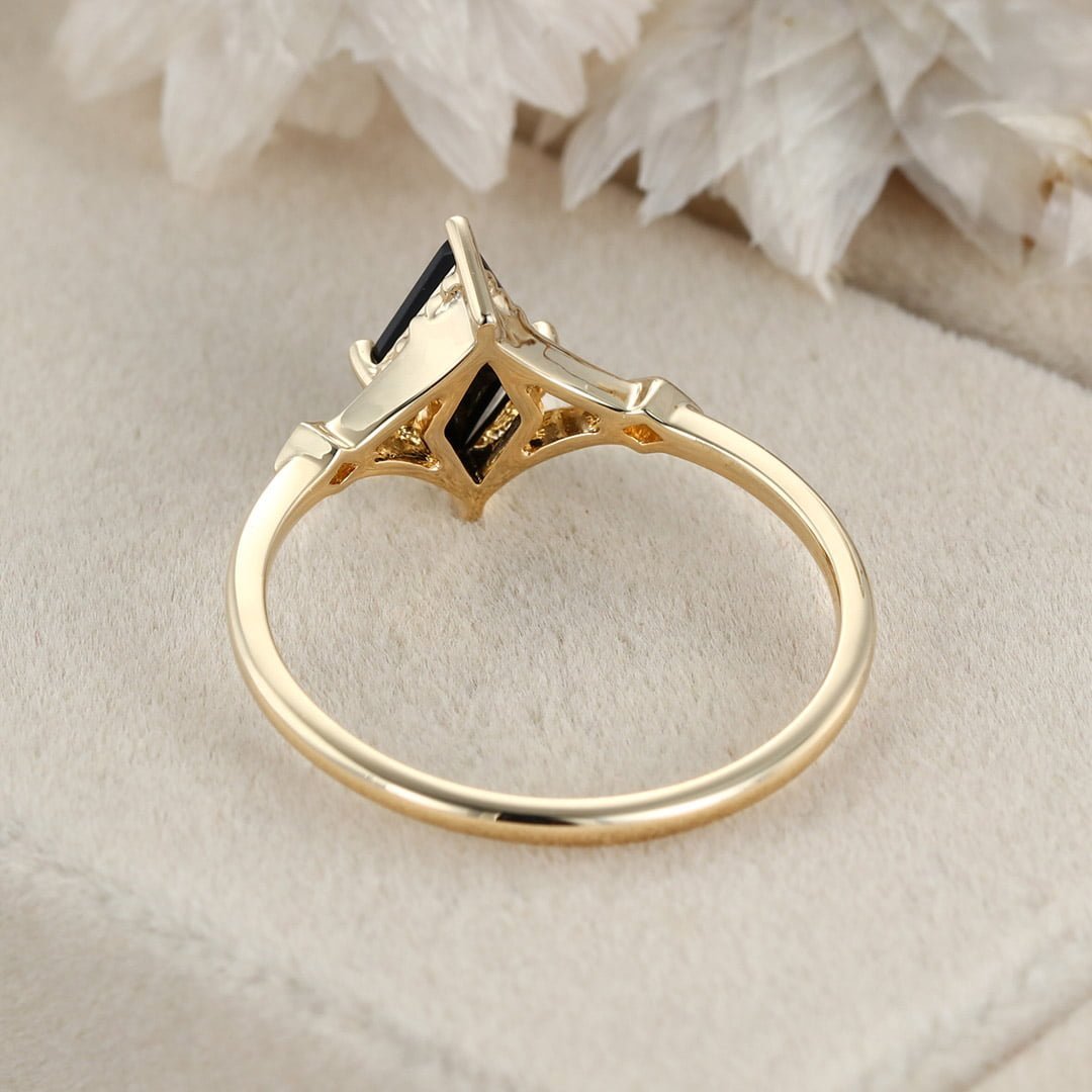 Rhombus cut Black onyx engagement ring 14K Yellow gold Moissanite engagement ring Diamond ring Vintage Bridal promise Anniversary gift