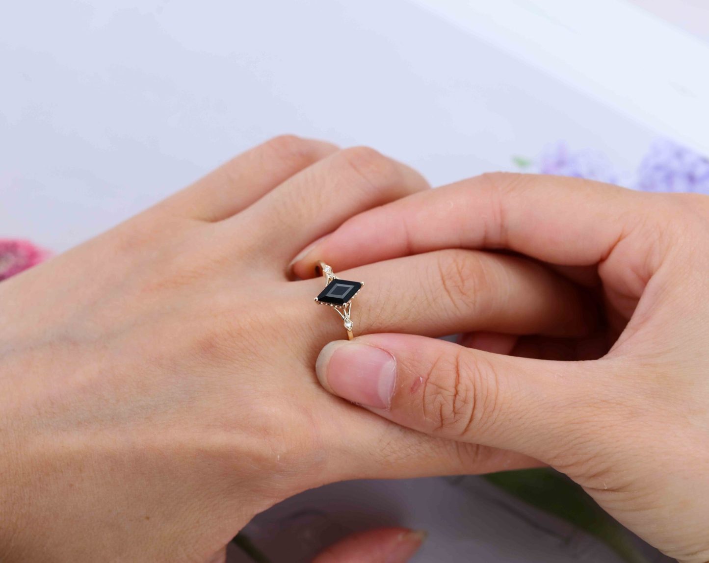 Rhombus cut Black onyx engagement ring 14K Yellow gold Moissanite engagement ring Diamond ring Vintage Bridal promise Anniversary gift