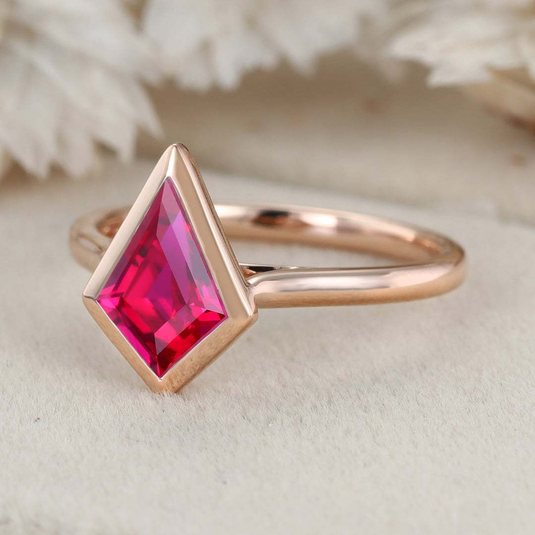Rose Gold Bezel Ruby Engagement Ring 1.5ct Kite Cut Lab Ruby Ring July Birthstone Ring