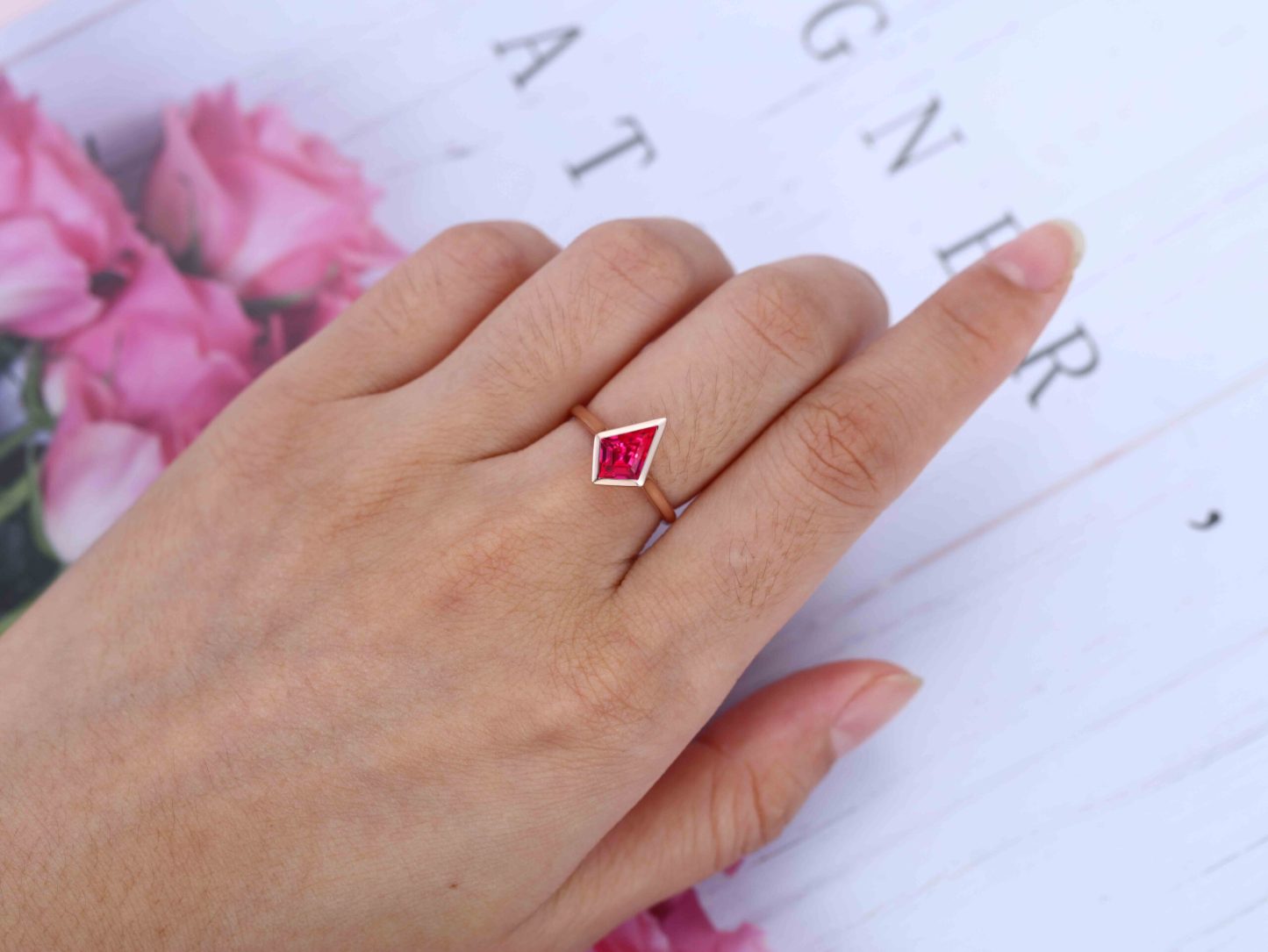 Rose Gold Bezel Ruby Engagement Ring 1.5ct Kite Cut Lab Ruby Ring July Birthstone Ring