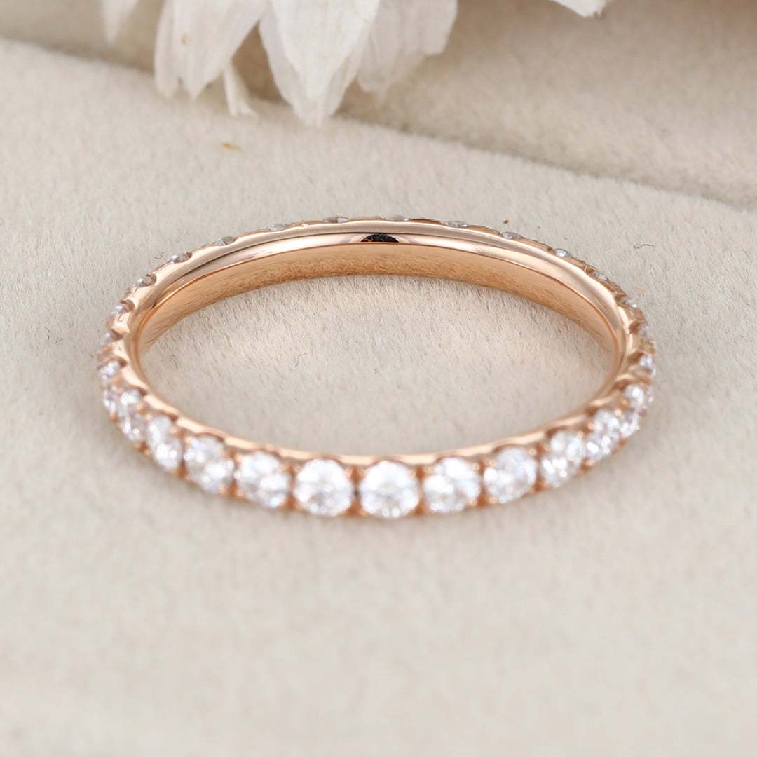 Rose Gold Round Moissanite Diamond Wedding Band, stack-able Half Eternity Engagement Bridal Ring For set promise ring Anniversary gift