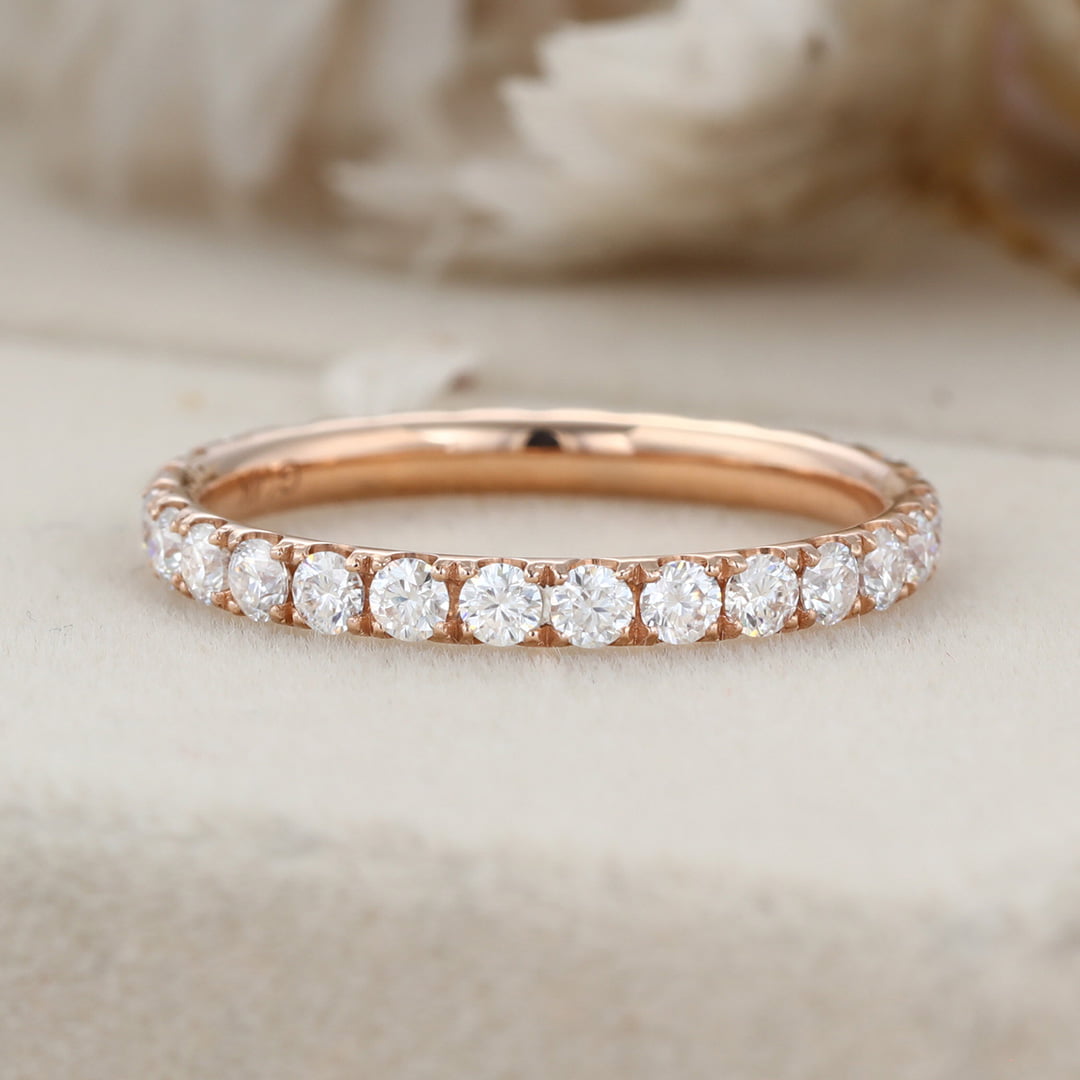 Rose Gold Round Moissanite Diamond Wedding Band, stack-able Half Eternity Engagement Bridal Ring For set promise ring Anniversary gift