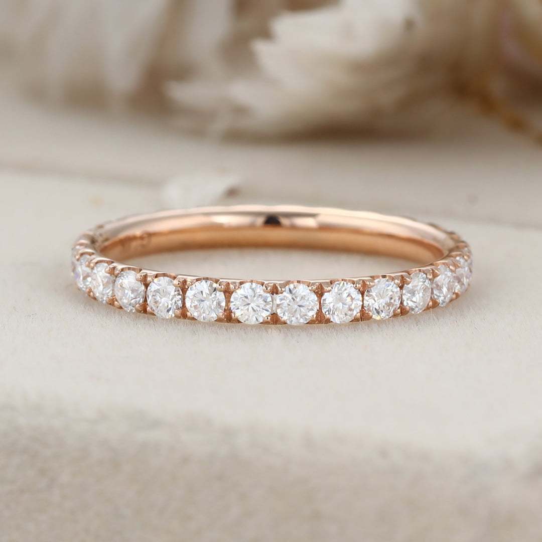 Rose Gold Round Moissanite Diamond Wedding Band, stack-able Half Eternity Engagement Bridal Ring For set promise ring Anniversary gift