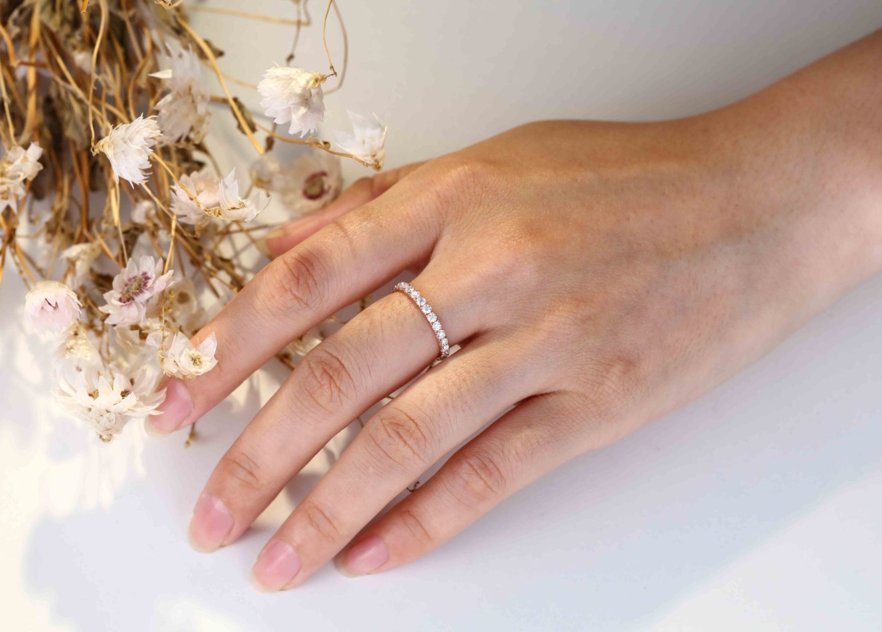 Rose Gold Round Moissanite Diamond Wedding Band, stack-able Half Eternity Engagement Bridal Ring For set promise ring Anniversary gift