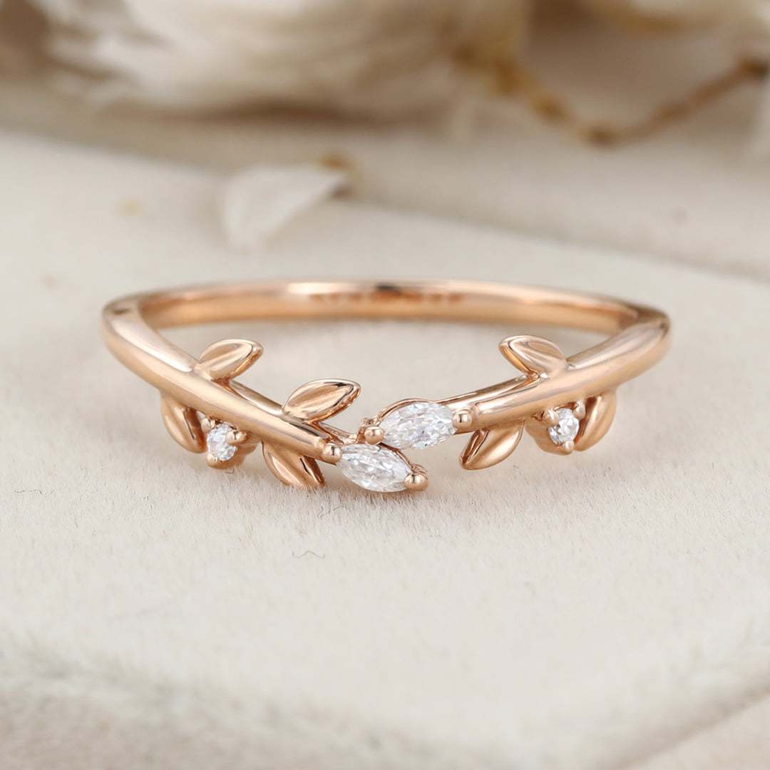 Rose gold wedding band Unique Vintage diamond wedding band Curved Marquise moissanite wedding ring leaf ring Bridal promise Anniversary gift