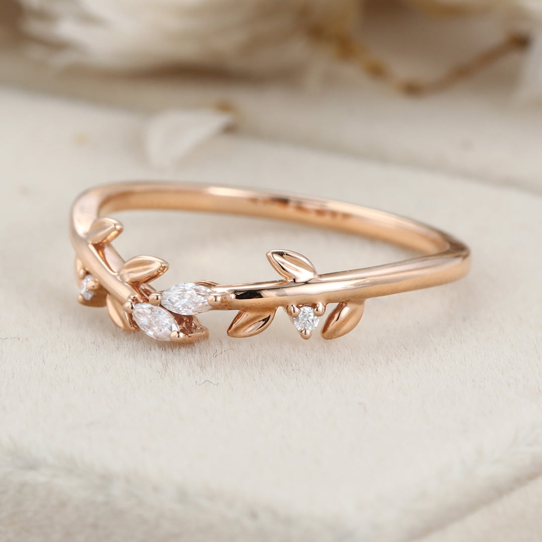 Rose gold wedding band Unique Vintage diamond wedding band Curved Marquise moissanite wedding ring leaf ring Bridal promise Anniversary gift
