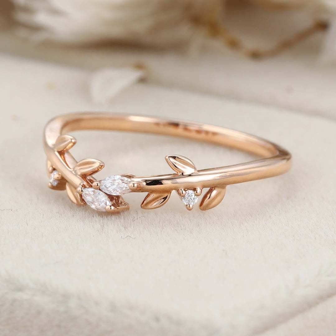 Rose gold wedding band Unique Vintage diamond wedding band Curved Marquise moissanite wedding ring leaf ring Bridal promise Anniversary gift