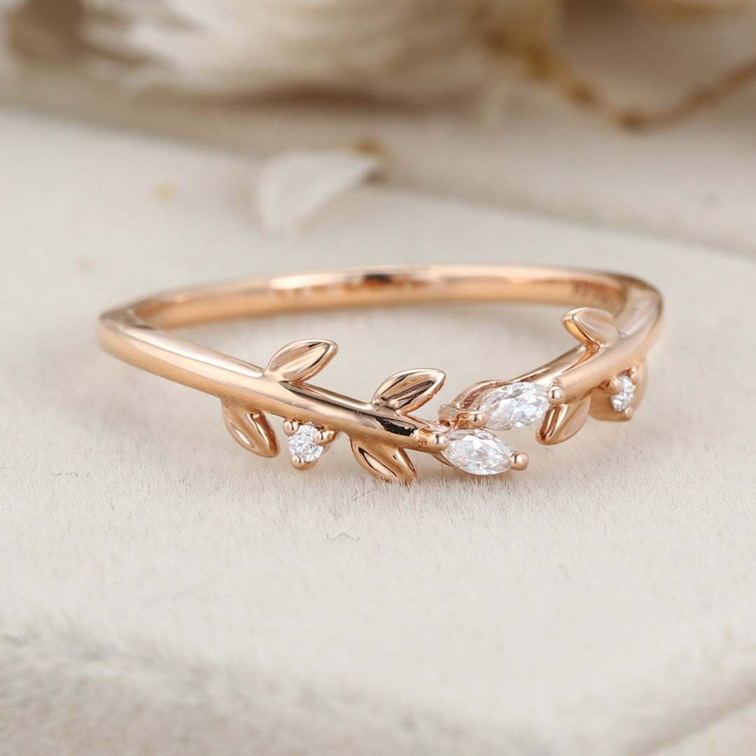 Rose gold wedding band Unique Vintage diamond wedding band Curved Marquise moissanite wedding ring leaf ring Bridal promise Anniversary gift