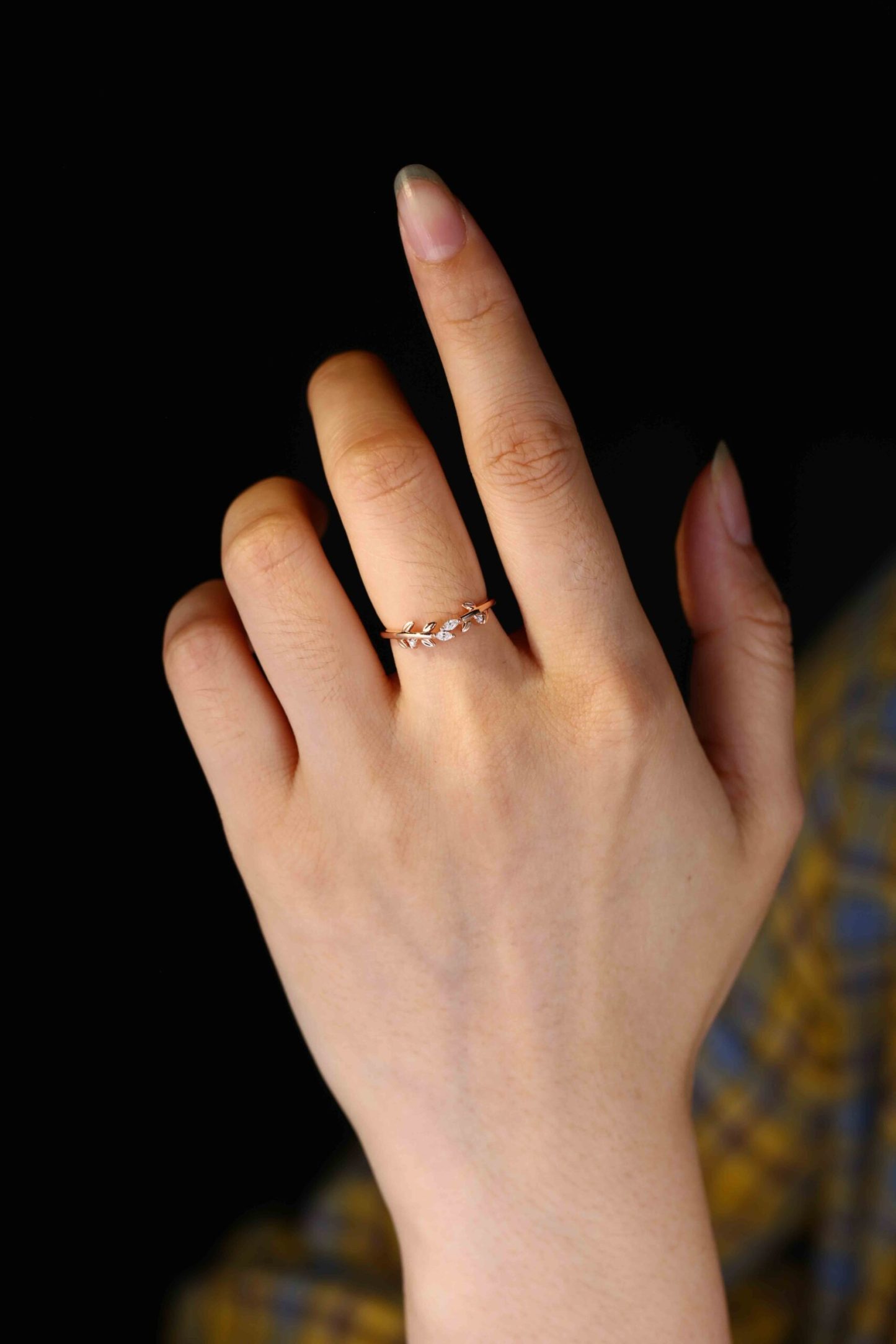 Rose gold wedding band Unique Vintage diamond wedding band Curved Marquise moissanite wedding ring leaf ring Bridal promise Anniversary gift