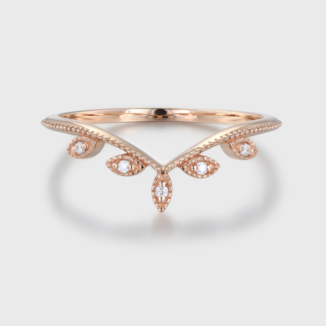 Rose gold wedding band Vintage curved diamond wedding band Floral Leaf ring stacking matching ring Bridal Promise Anniversary gift for women