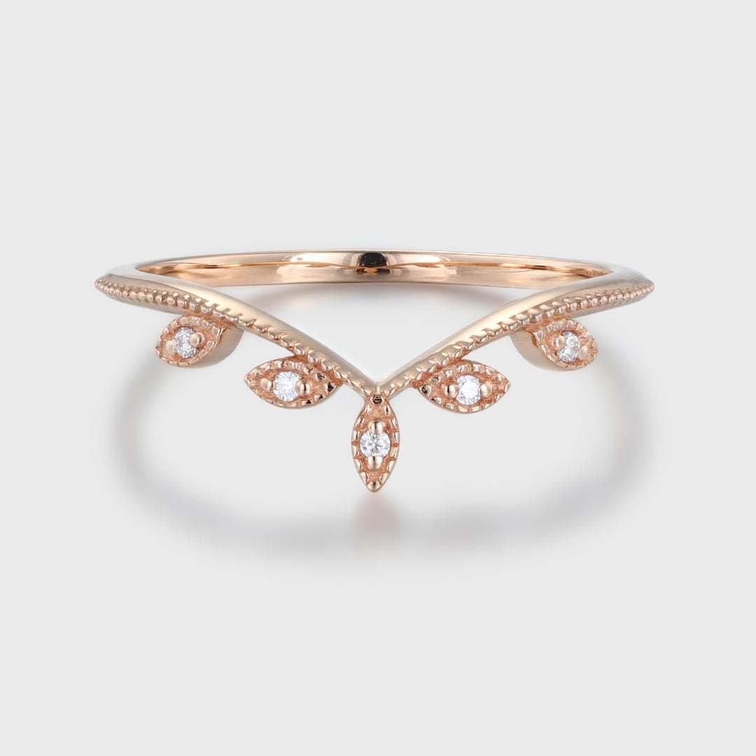 Rose gold wedding band Vintage curved diamond wedding band Floral Leaf ring stacking matching ring Bridal Promise Anniversary gift for women