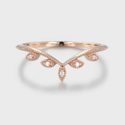 Rose gold wedding band Vintage curved diamond wedding band Floral Leaf ring stacking matching ring Bridal Promise Anniversary gift for women