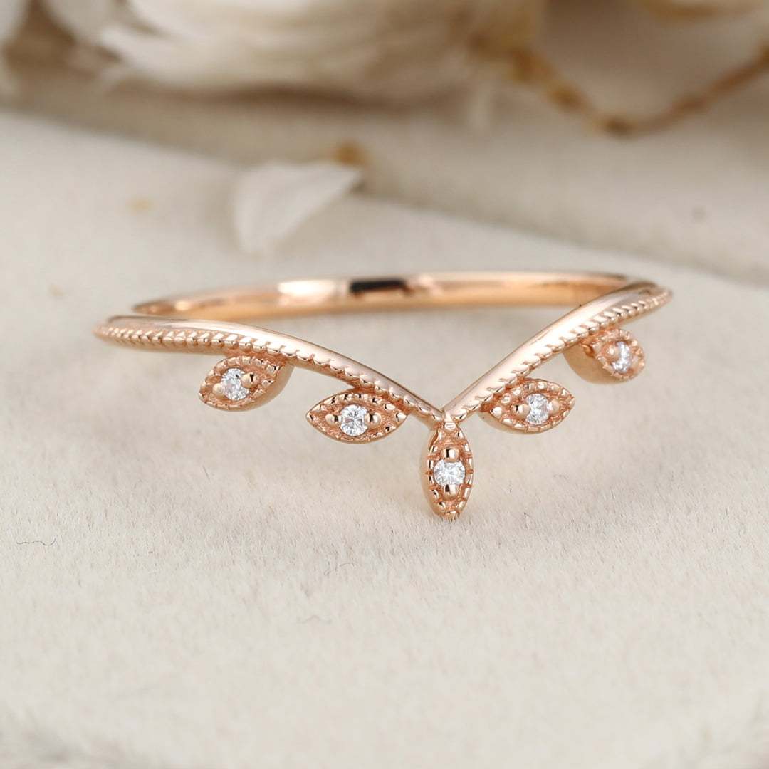 Rose gold wedding band Vintage curved diamond wedding band Floral Leaf ring stacking matching ring Bridal Promise Anniversary gift for women