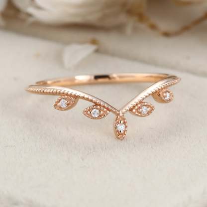 Rose gold wedding band Vintage curved diamond wedding band Floral Leaf ring stacking matching ring Bridal Promise Anniversary gift for women