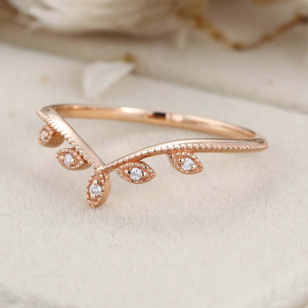 Rose gold wedding band Vintage curved diamond wedding band Floral Leaf ring stacking matching ring Bridal Promise Anniversary gift for women