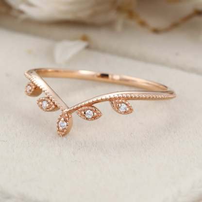 Rose gold wedding band Vintage curved diamond wedding band Floral Leaf ring stacking matching ring Bridal Promise Anniversary gift for women