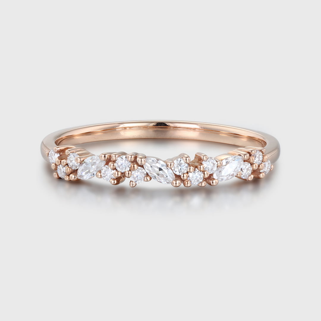 Rose gold wedding band women half eternity Marquise Moissanite wedding band vintage Matching Unique Bridal Stacking Promise gift for women
