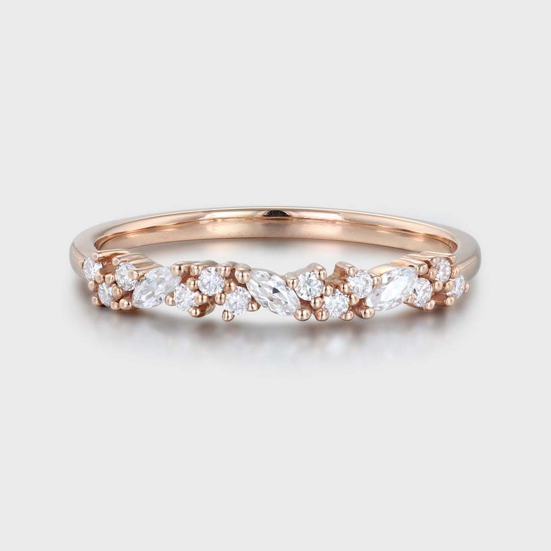 Rose gold wedding band women half eternity Marquise Moissanite wedding band vintage Matching Unique Bridal Stacking Promise gift for women