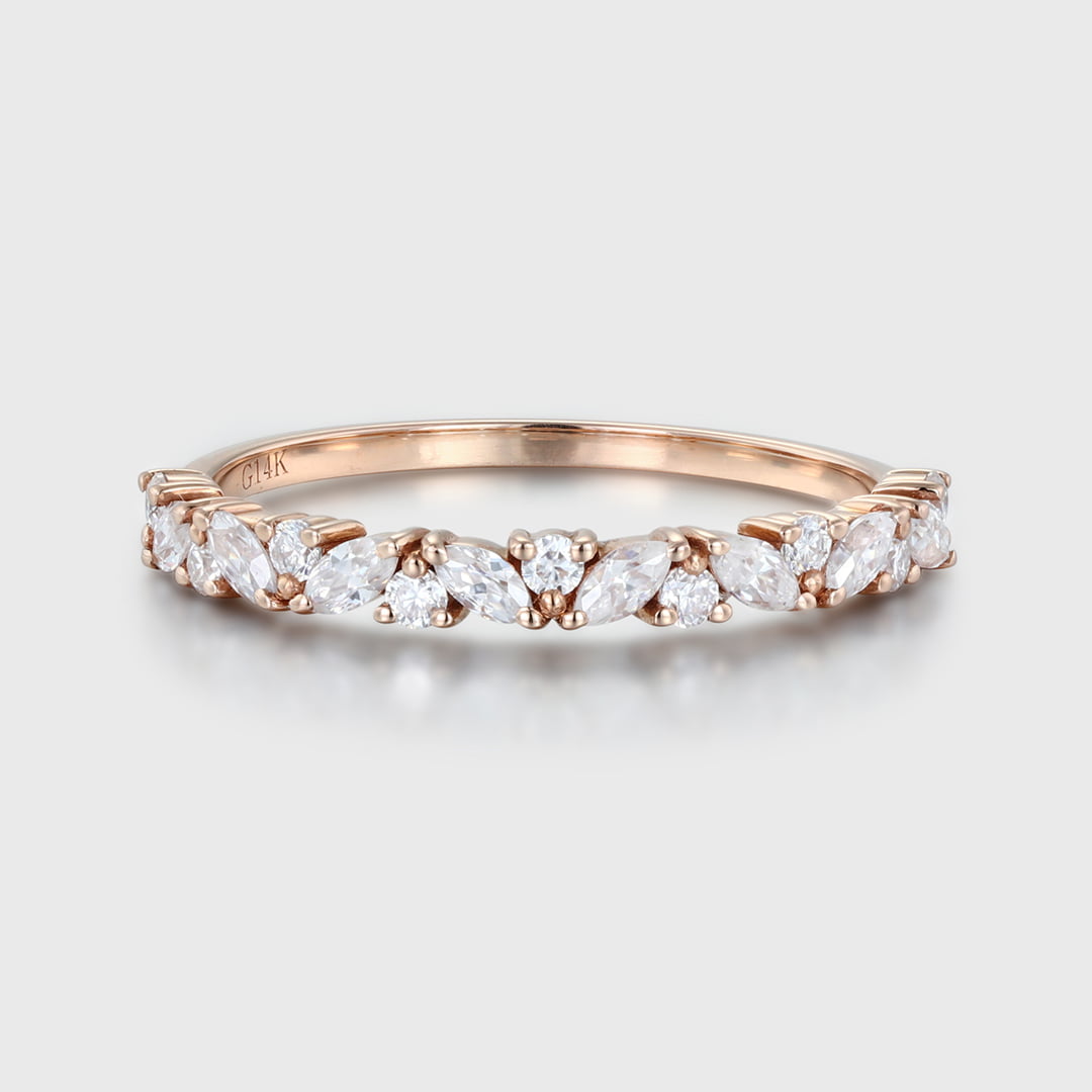 Rose gold wedding band women half eternity Marquise Moissanite wedding band vintage Matching Unique Bridal Stacking Promise gift for women