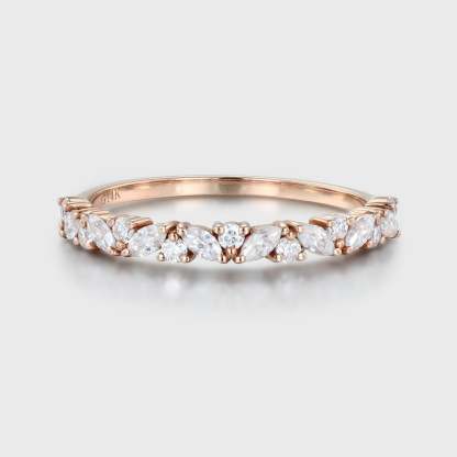 Rose gold wedding band women half eternity Marquise Moissanite wedding band vintage Matching Unique Bridal Stacking Promise gift for women