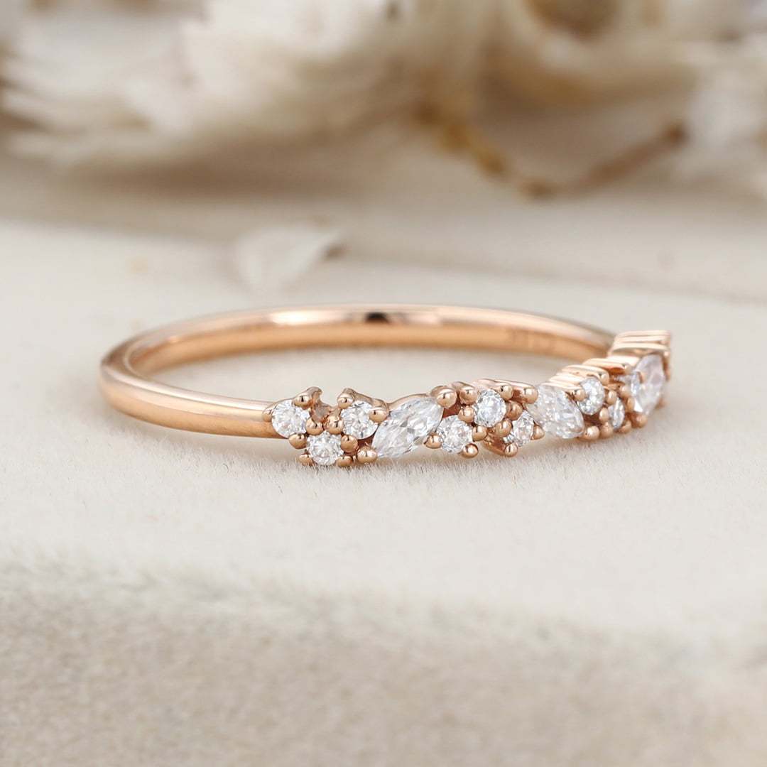 Rose gold wedding band women half eternity Marquise Moissanite wedding band vintage Matching Unique Bridal Stacking Promise gift for women