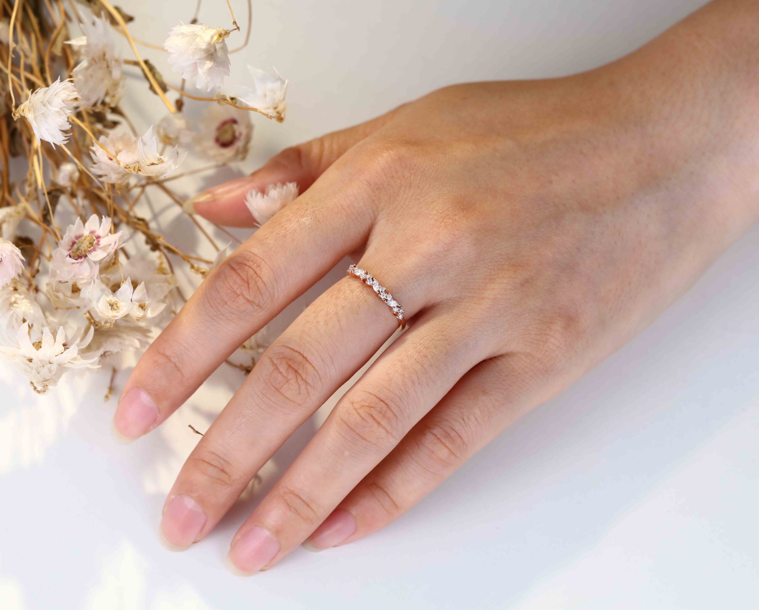 Rose gold wedding band women half eternity Marquise Moissanite wedding band vintage Matching Unique Bridal Stacking Promise gift for women