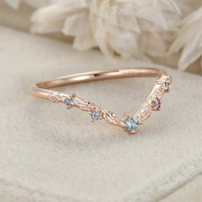 Round Curved Alexandrite Wedding Band 14k Rose Gold Women Stacking June Birthstone Ring Color Change Anniversary Bridal Ring Gift For Her
