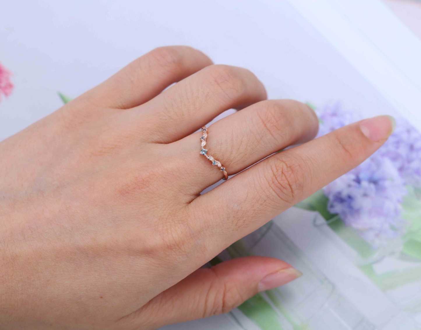Round Curved Alexandrite Wedding Band 14k Rose Gold Women Stacking June Birthstone Ring Color Change Anniversary Bridal Ring Gift For Her