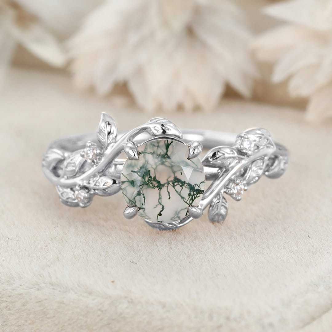 Round Cut Green Moss Agate Ring Vintage Rose Gold Leaf Nature Inspired Unique Engagement Ring Five Stone Diamond Bridal Wedding Ring Women