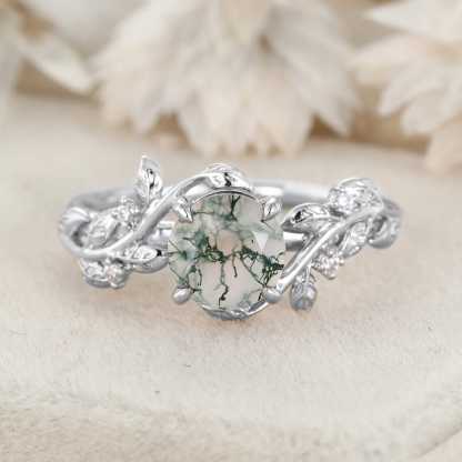 Round Cut Green Moss Agate Ring Vintage Rose Gold Leaf Nature Inspired Unique Engagement Ring Five Stone Diamond Bridal Wedding Ring Women