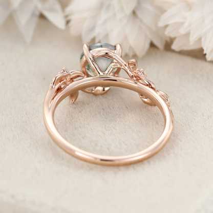 Round Cut Green Moss Agate Ring Vintage Rose Gold Leaf Nature Inspired Unique Engagement Ring Five Stone Diamond Bridal Wedding Ring Women
