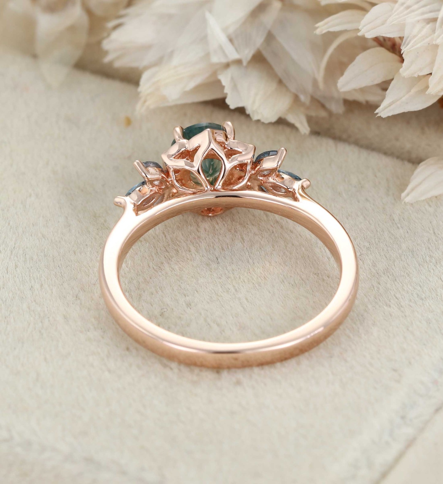 Round Cut Moss Agate Engagement Ring Marquise Blue Topaz Cluster Ring Unique 14K Rose Gold Ring