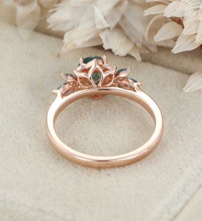 Round Cut Moss Agate Engagement Ring Marquise Blue Topaz Cluster Ring Unique 14K Rose Gold Ring