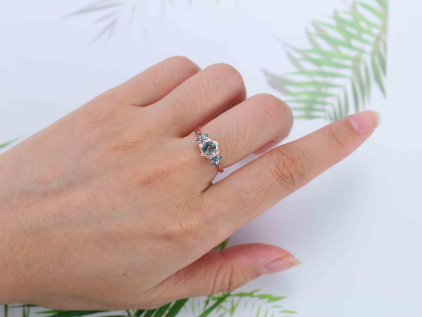 Round Cut Moss Agate Engagement Ring Marquise Blue Topaz Cluster Ring Unique 14K Rose Gold Ring